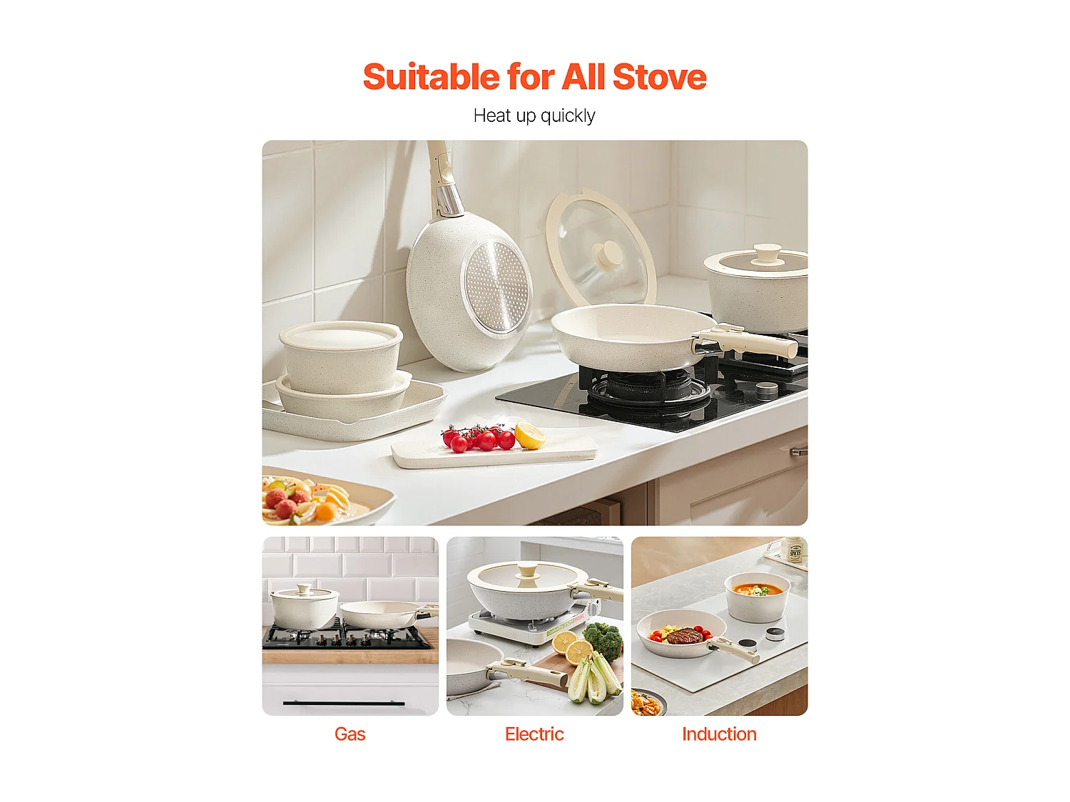 Batterie de Cuisine SucceBuy Batterie de Cuisine en Granit Antiadhésif de 17 Pièces pour Cuisine, Blanc