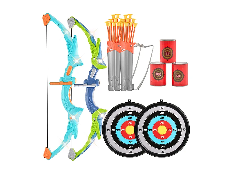 Set Arco e Frecce SucceBuy per Bambini, Confezione da 2, 20 Frecce con Ventosa, 2 Bersagli Sospesi, 2 Faretre, 3 Lattine Bersaglio
