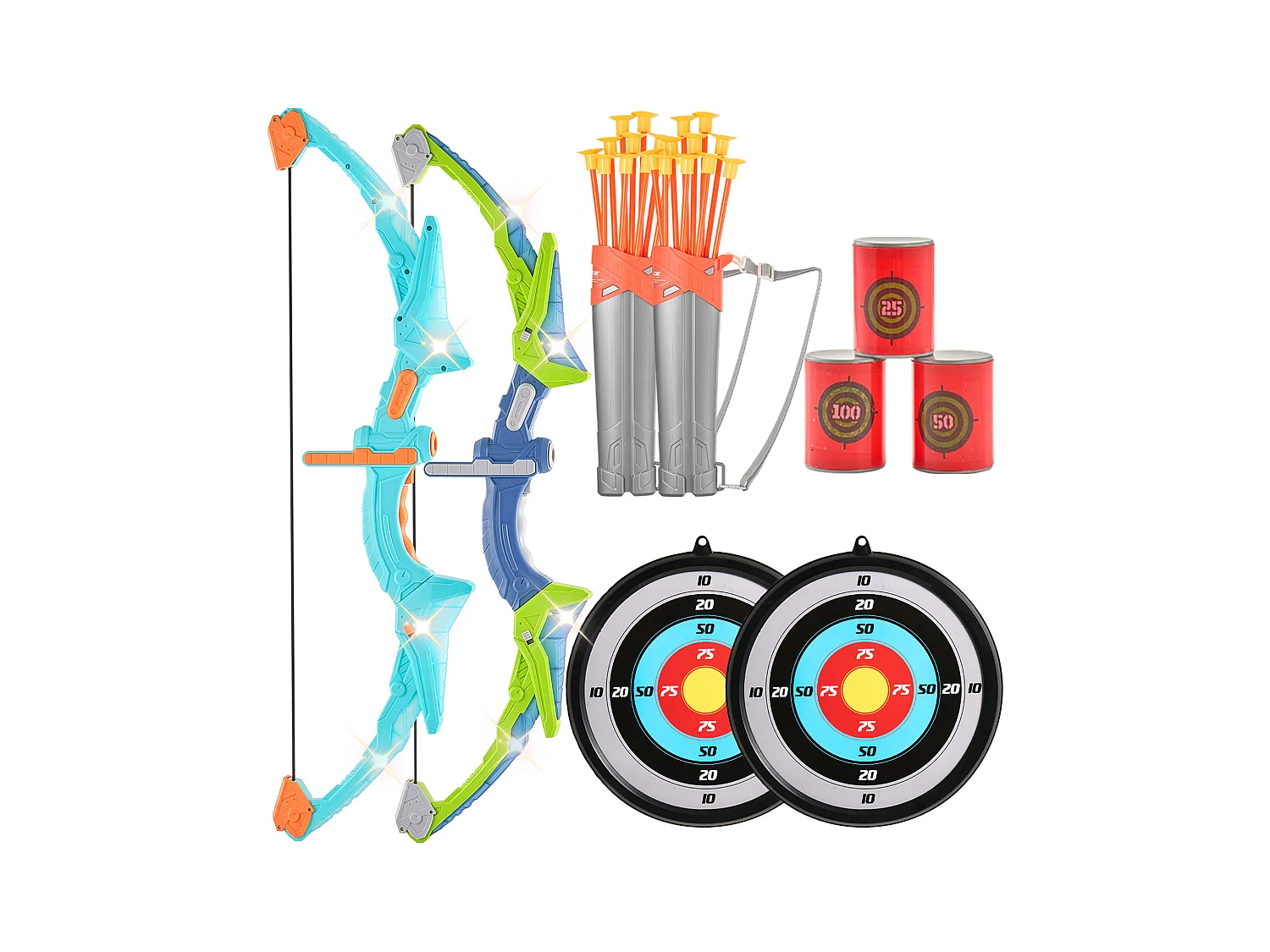 Set de Arco y Flechas SucceBuy para Niños, Lote de 2, 20 Flechas con Ventosa, 2 Dianas Colgantes, 2 Carcajes, 3 Latas de Diana
