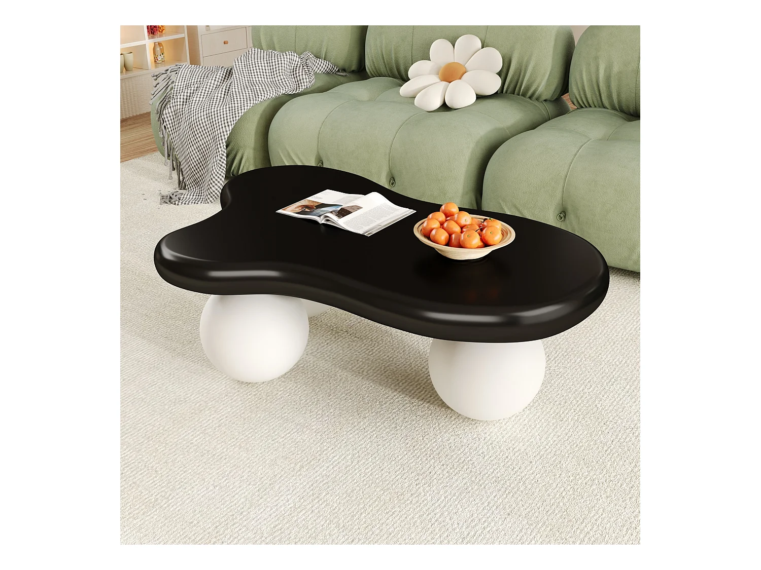 Stolik kawowy z diodami LED - 95 x 62,5 x 32 cm - design w kształcie chmurki i okrągłe nogi - czarny + biały