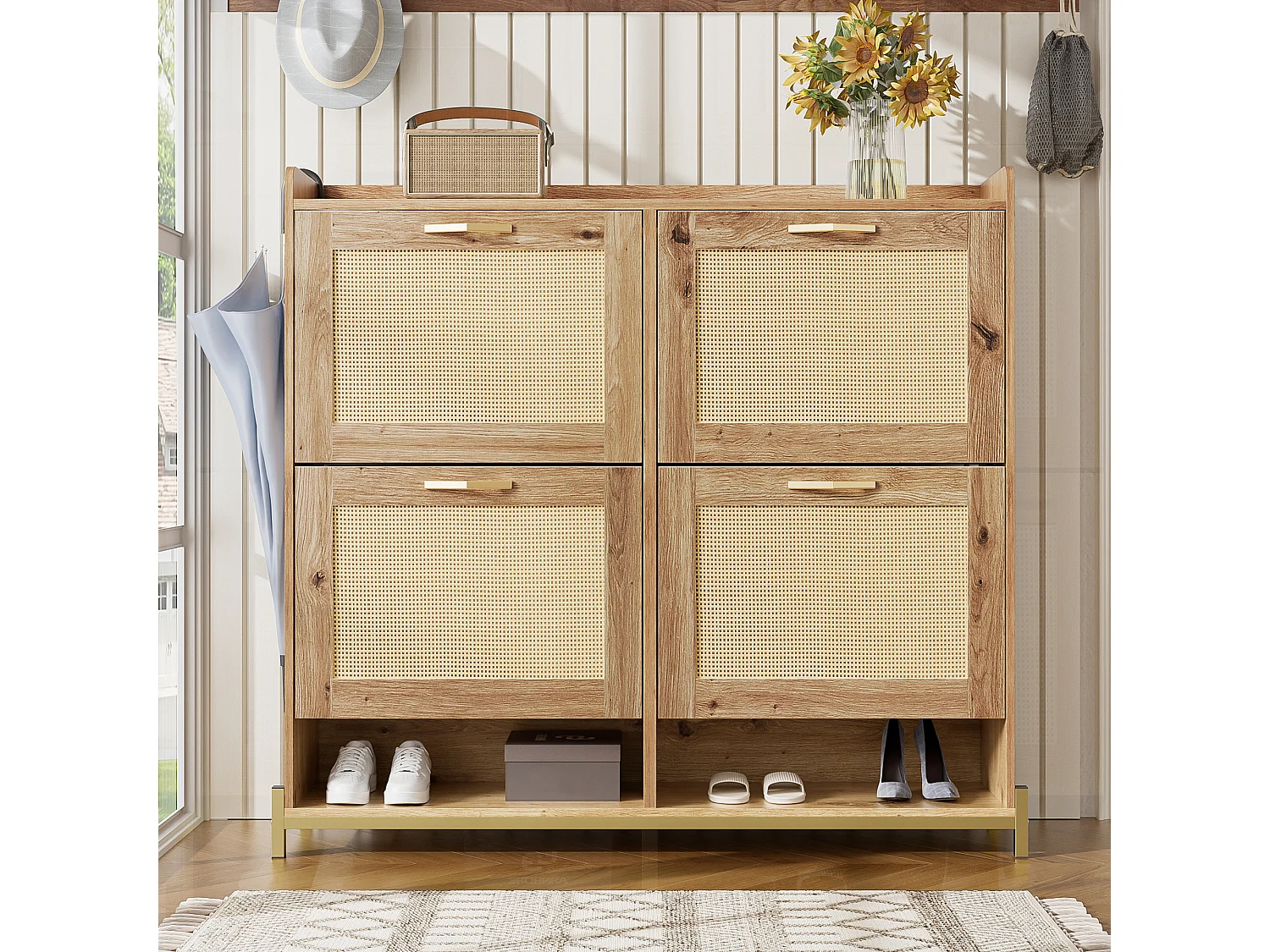 Meuble chaussures avec 4 portes en rotin – 108.5 x 24 x 100 cm - cadre en métal - MDF - naturel