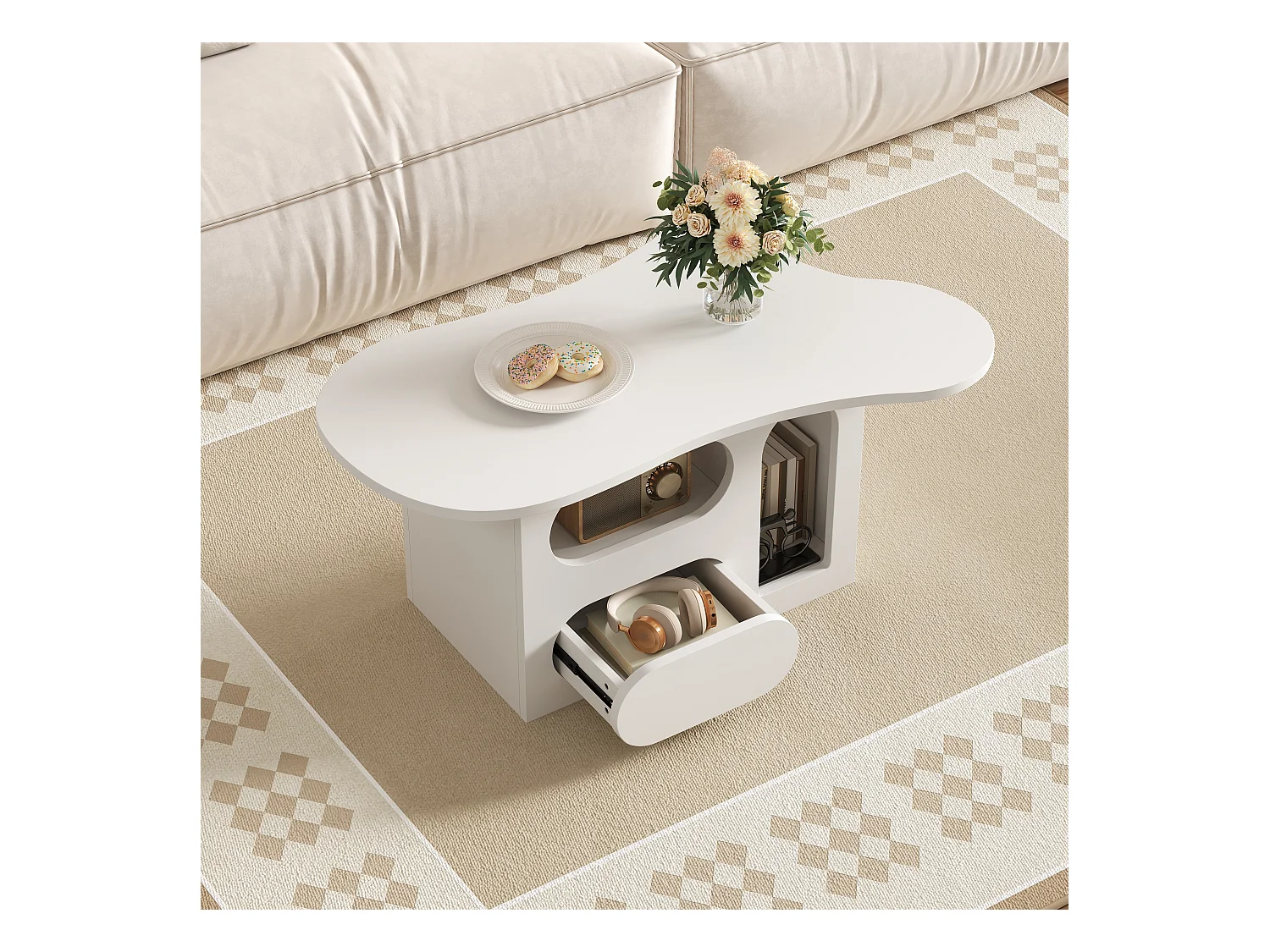 Salontafel met lades - 97 x 45 x 43,5 cm - wolkvormig met opbergruimte - spaanplaat - wit