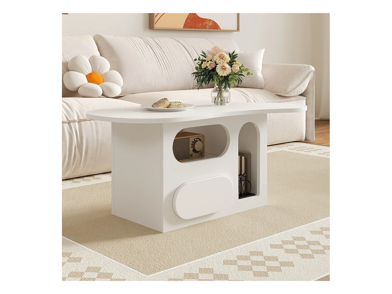 Salontafel met lades - 97 x 45 x 43,5 cm - wolkvormig met opbergruimte - spaanplaat - wit