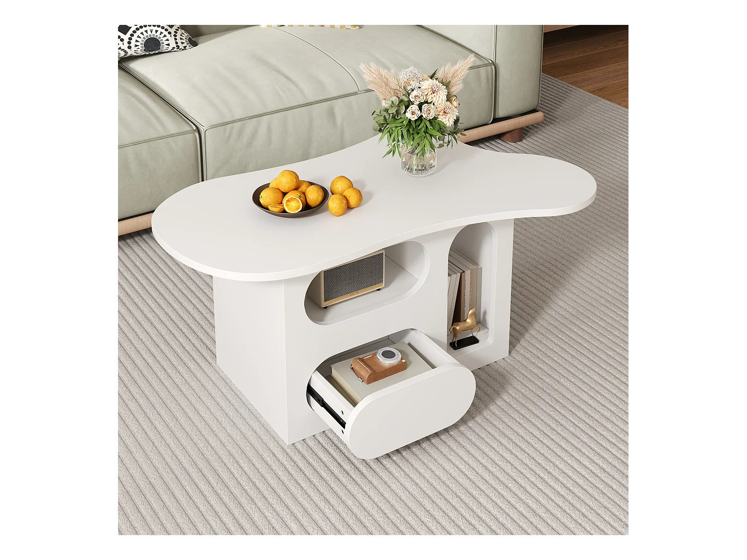 Table basse avec tiroirs - 97 x 45 x 43.5 cm - en forme de nuage avec rangements - aggloméré - blanc