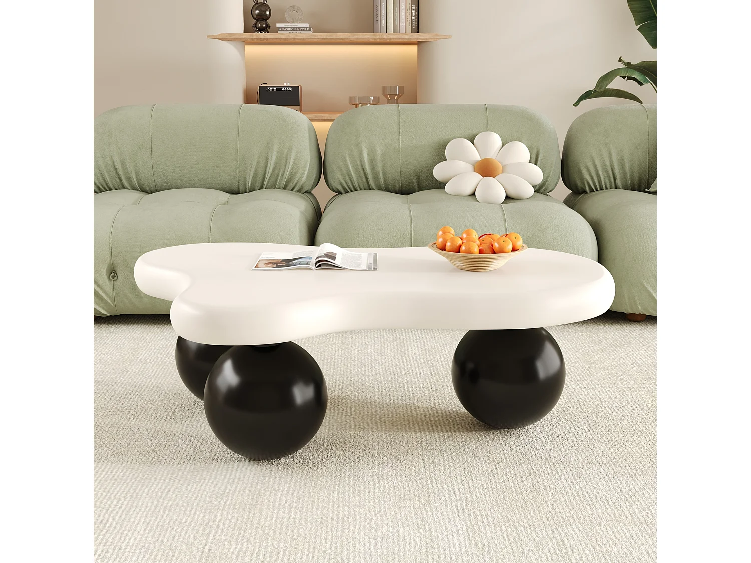 Salontafel met LED's - 95 x 62,5 x 32 cm - wolkvormig design en ronde poten - zwart + wit