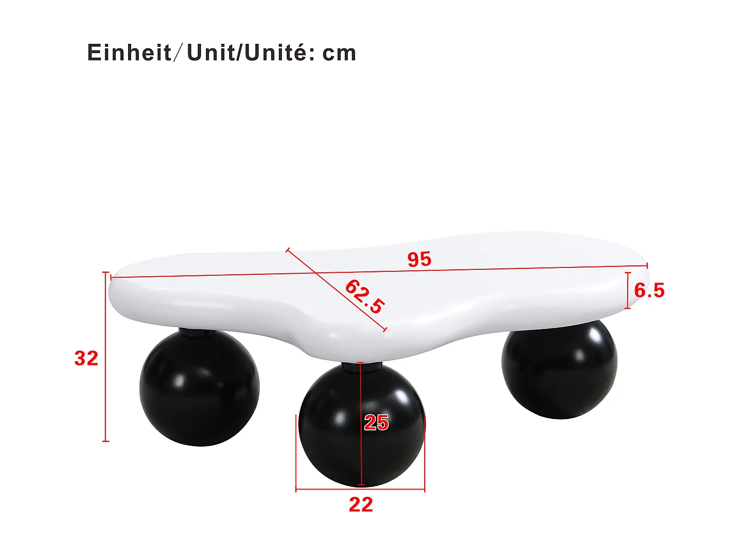 Salontafel met LED's - 95 x 62,5 x 32 cm - wolkvormig design en ronde poten - zwart + wit