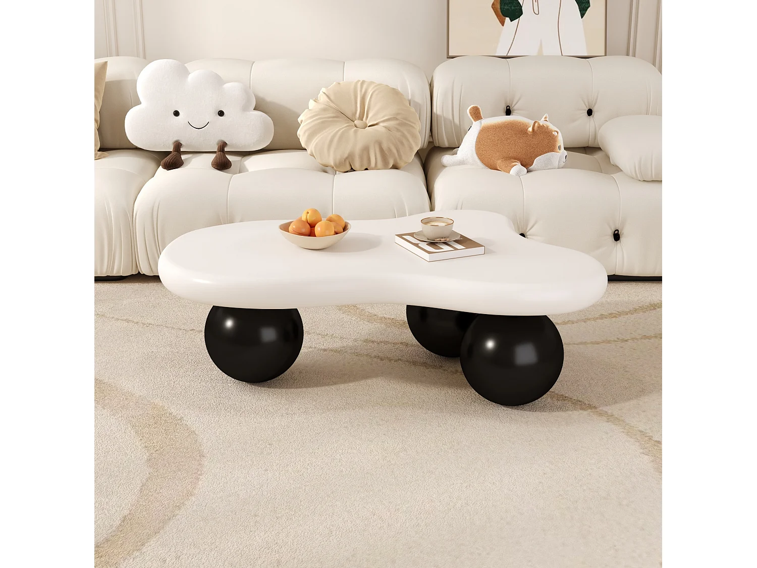 Salontafel met LED's - 95 x 62,5 x 32 cm - wolkvormig design en ronde poten - zwart + wit