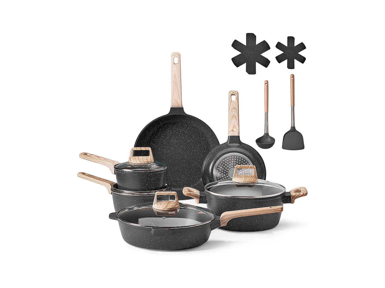 Batterie de Cuisine SucceBuy Batterie de Cuisine Antiadhésive en Granit 17 Pièces - Noir