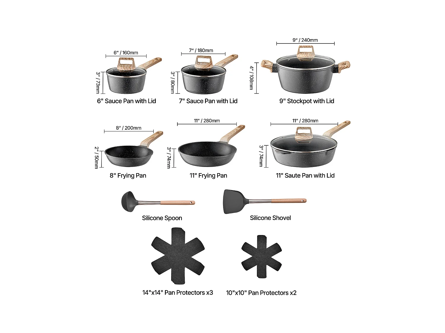 Batterie de Cuisine SucceBuy Batterie de Cuisine Antiadhésive en Granit 17 Pièces - Noir