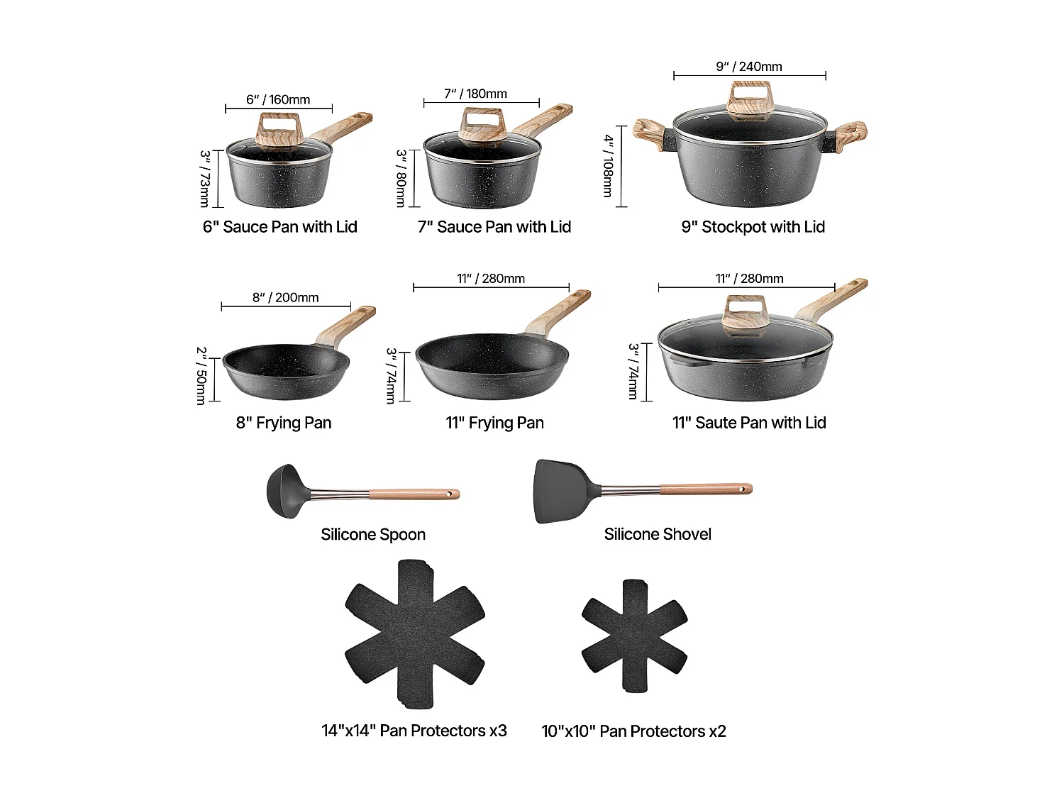 Batterie de Cuisine SucceBuy Batterie de Cuisine Antiadhésive en Granit 17 Pièces - Noir
