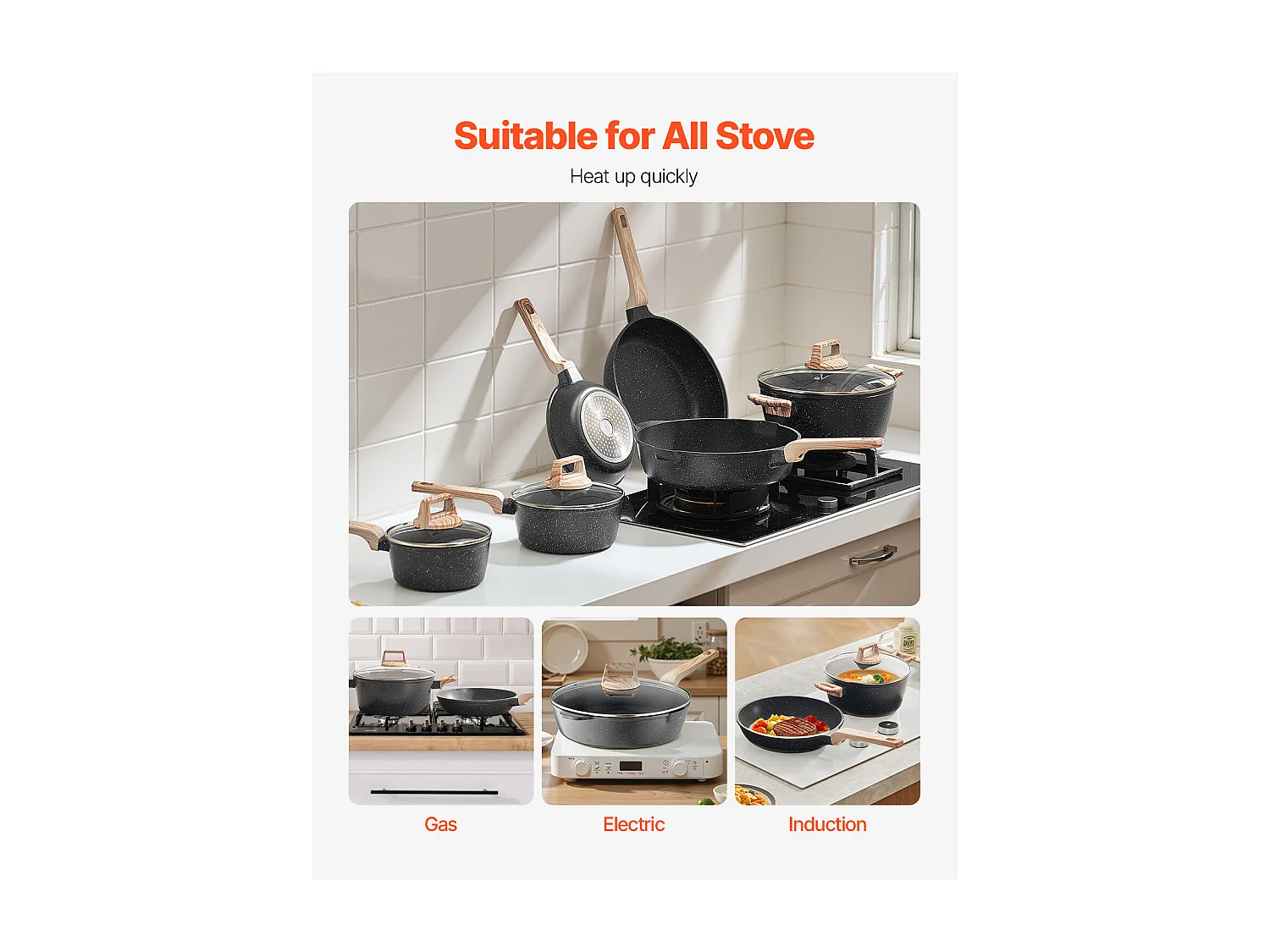 Batterie de Cuisine SucceBuy Batterie de Cuisine Antiadhésive en Granit 17 Pièces - Noir