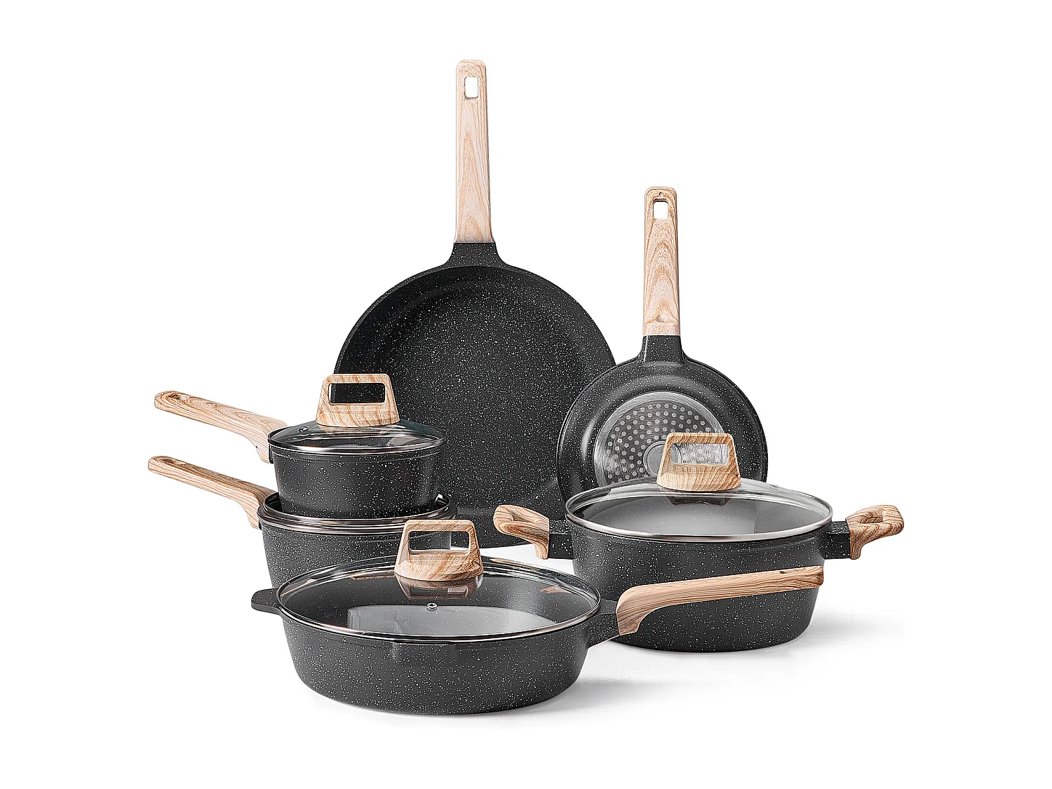 Batterie de Cuisine SucceBuy Batterie de Cuisine Antiadhésive en Granit 17 Pièces - Noir