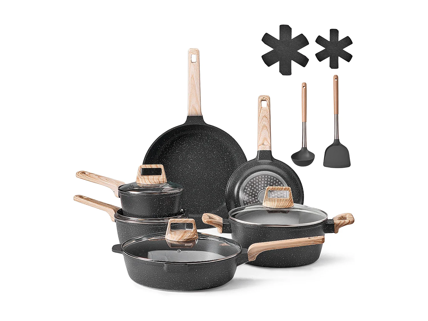 Batterie de Cuisine SucceBuy Batterie de Cuisine Antiadhésive en Granit 17 Pièces - Noir