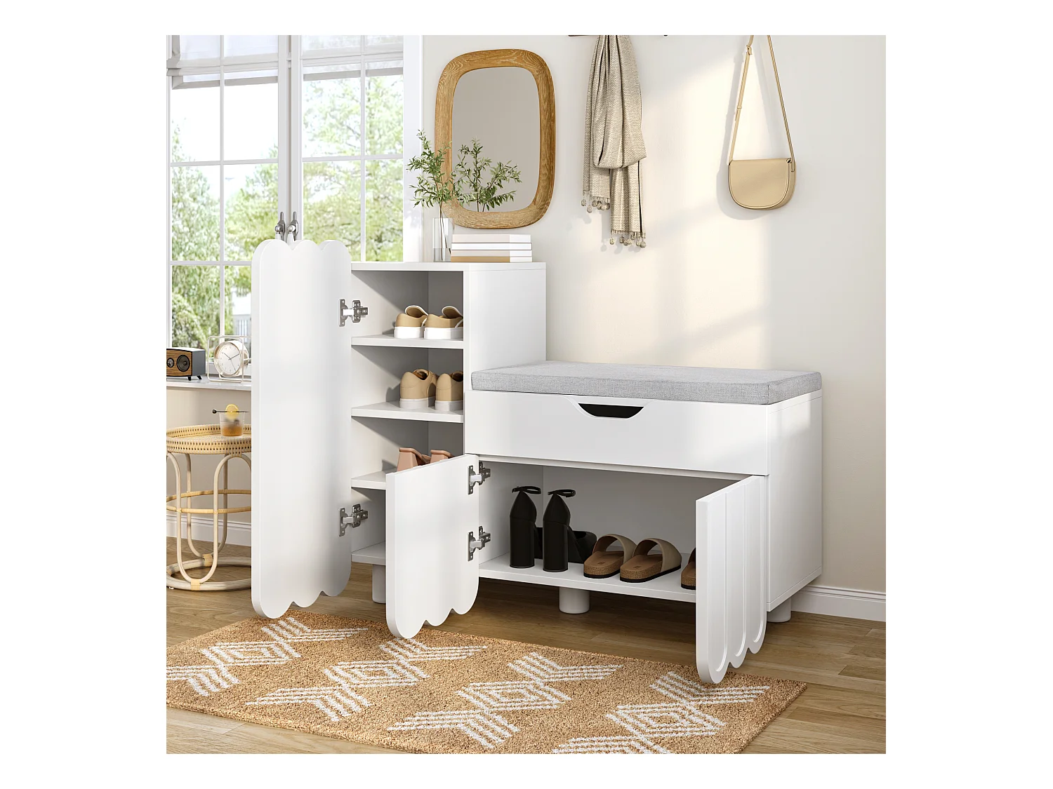 Meuble à chaussures moderne - 90 x 35 x 74.5 cm - avec 3 portes + 1 tiroir + coussin d'assise - MDF - blanc