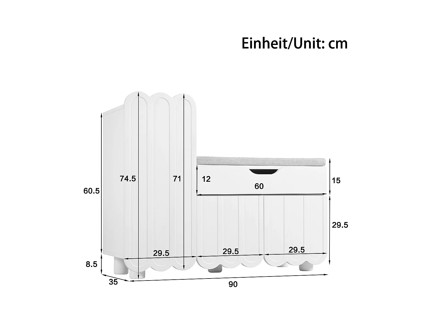Meuble à chaussures moderne - 90 x 35 x 74.5 cm - avec 3 portes + 1 tiroir + coussin d'assise - MDF - blanc