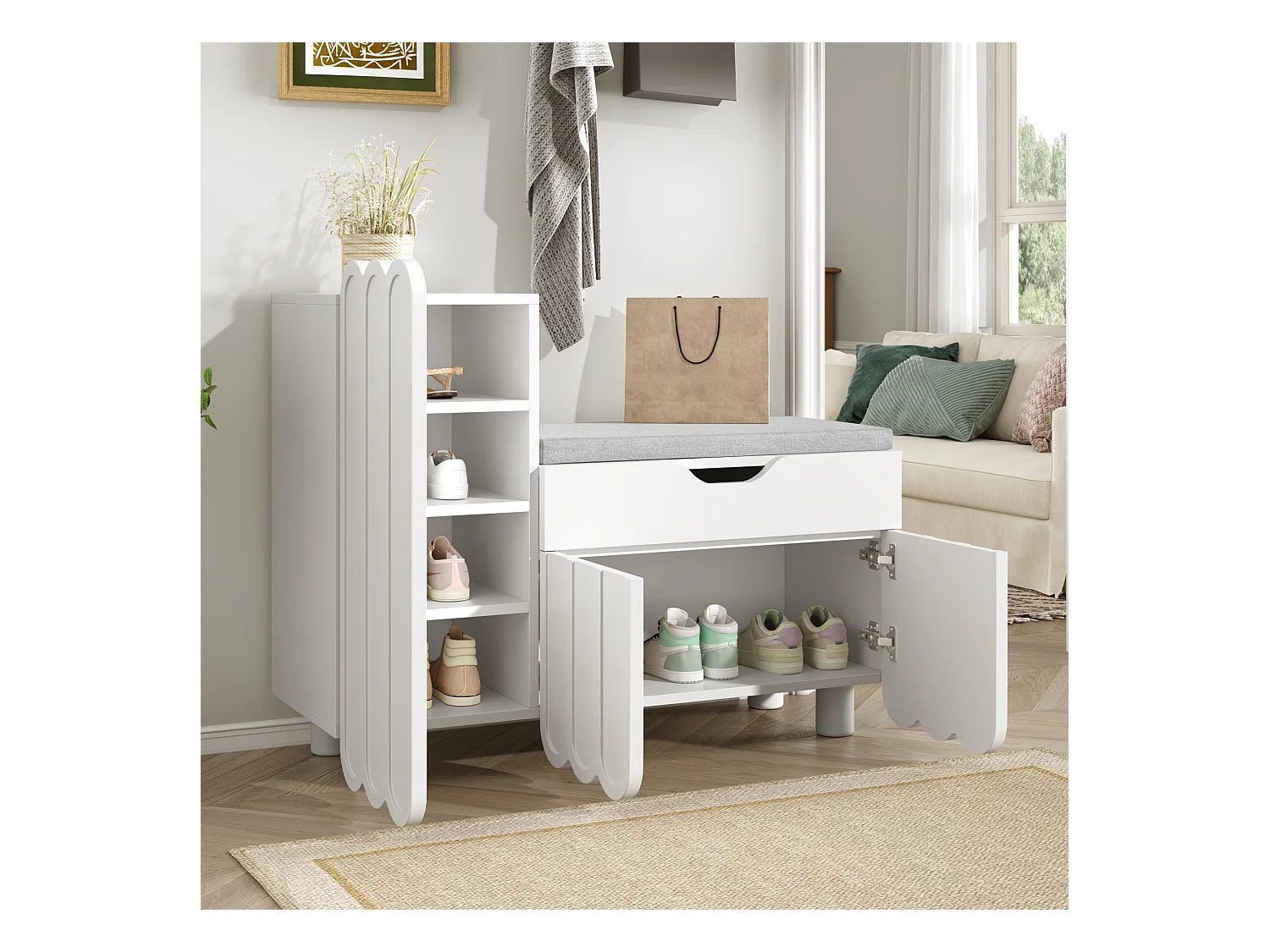 Meuble à chaussures moderne - 90 x 35 x 74.5 cm - avec 3 portes + 1 tiroir + coussin d'assise - MDF - blanc