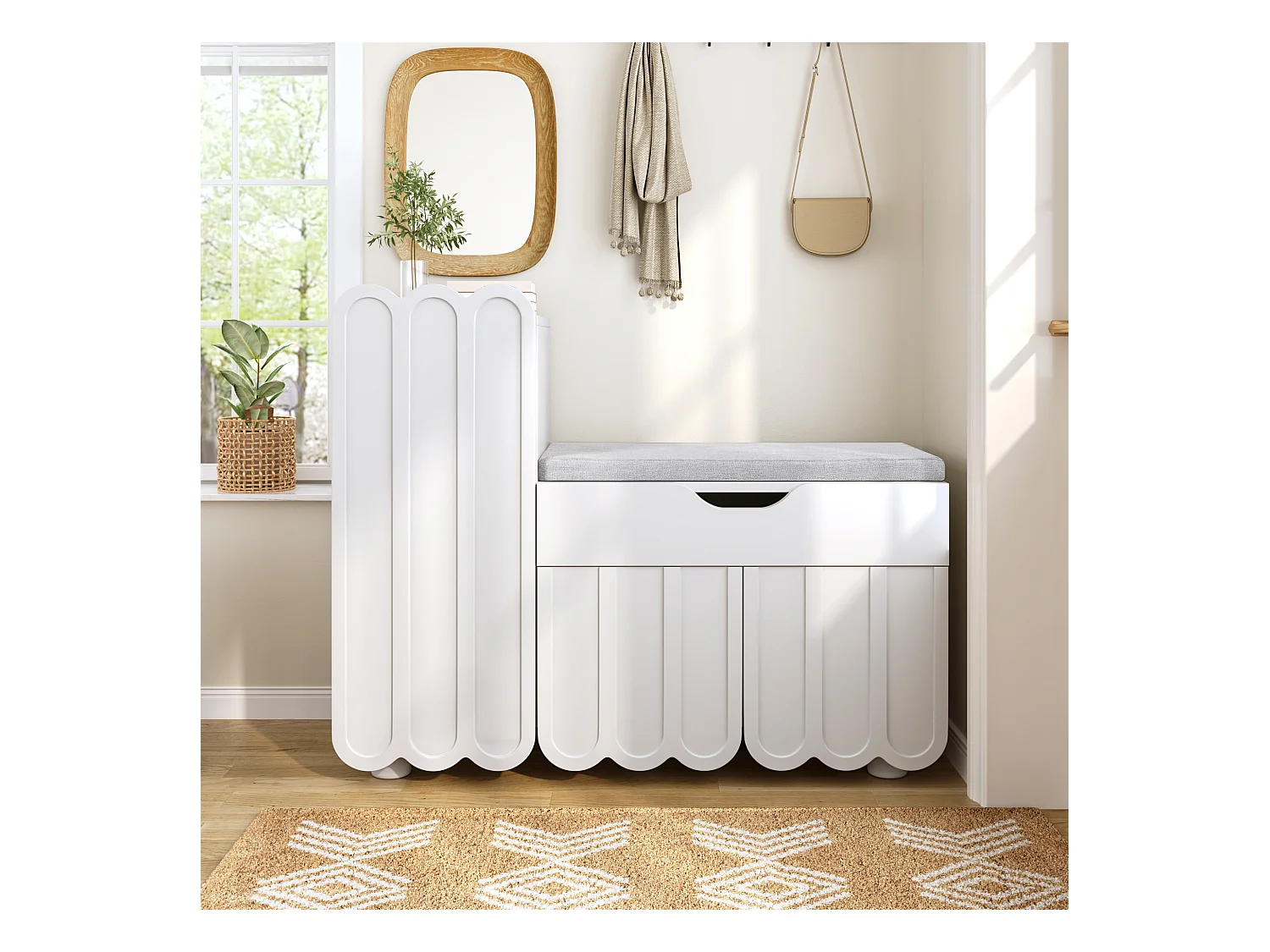 Moderner Schuhschrank - 90 x 35 x 74,5 cm - mit 3 Türen + 1 Schublade + Sitzkissen - MDF - weiß