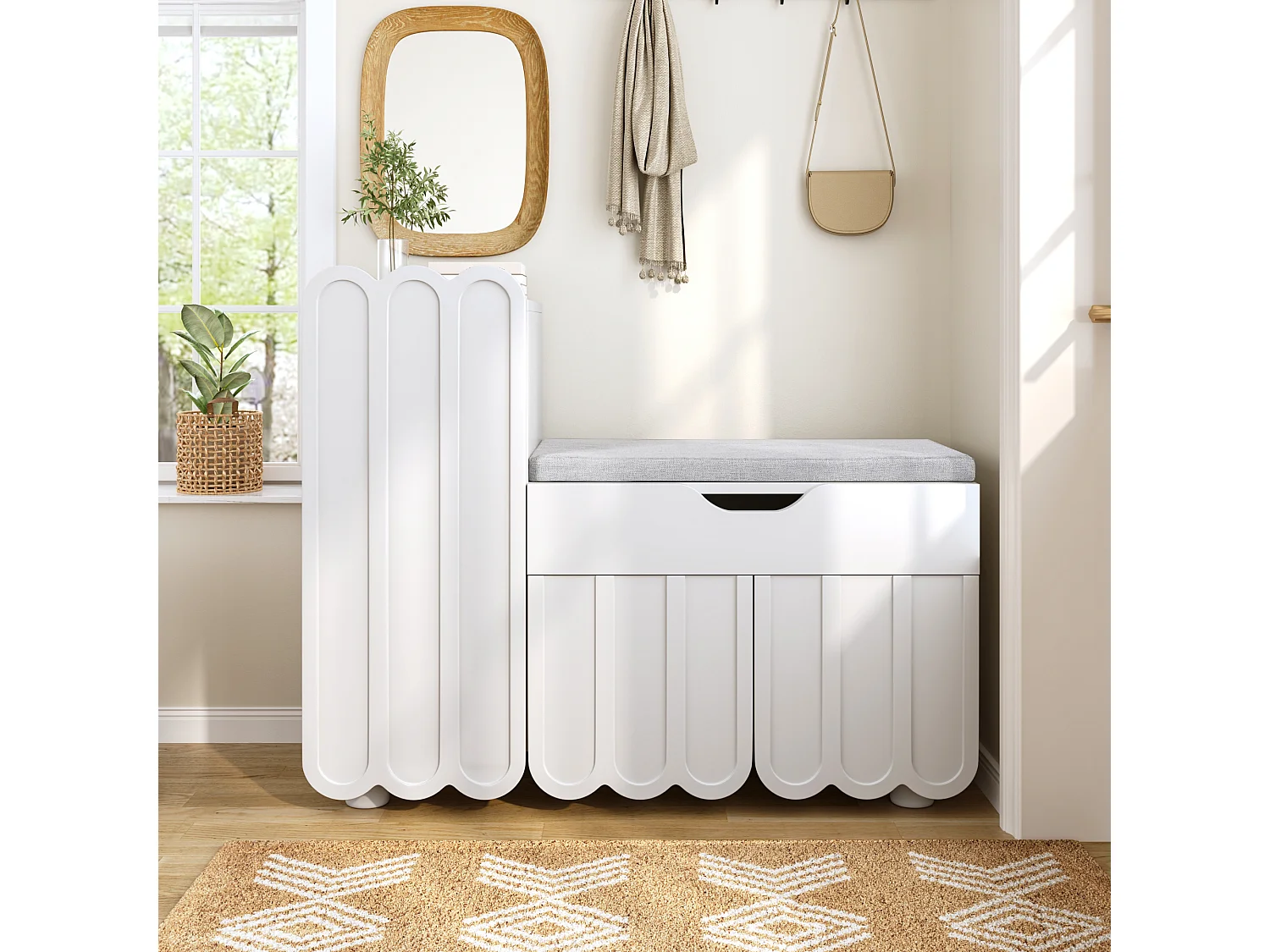 Meuble à chaussures moderne - 90 x 35 x 74.5 cm - avec 3 portes + 1 tiroir + coussin d'assise - MDF - blanc