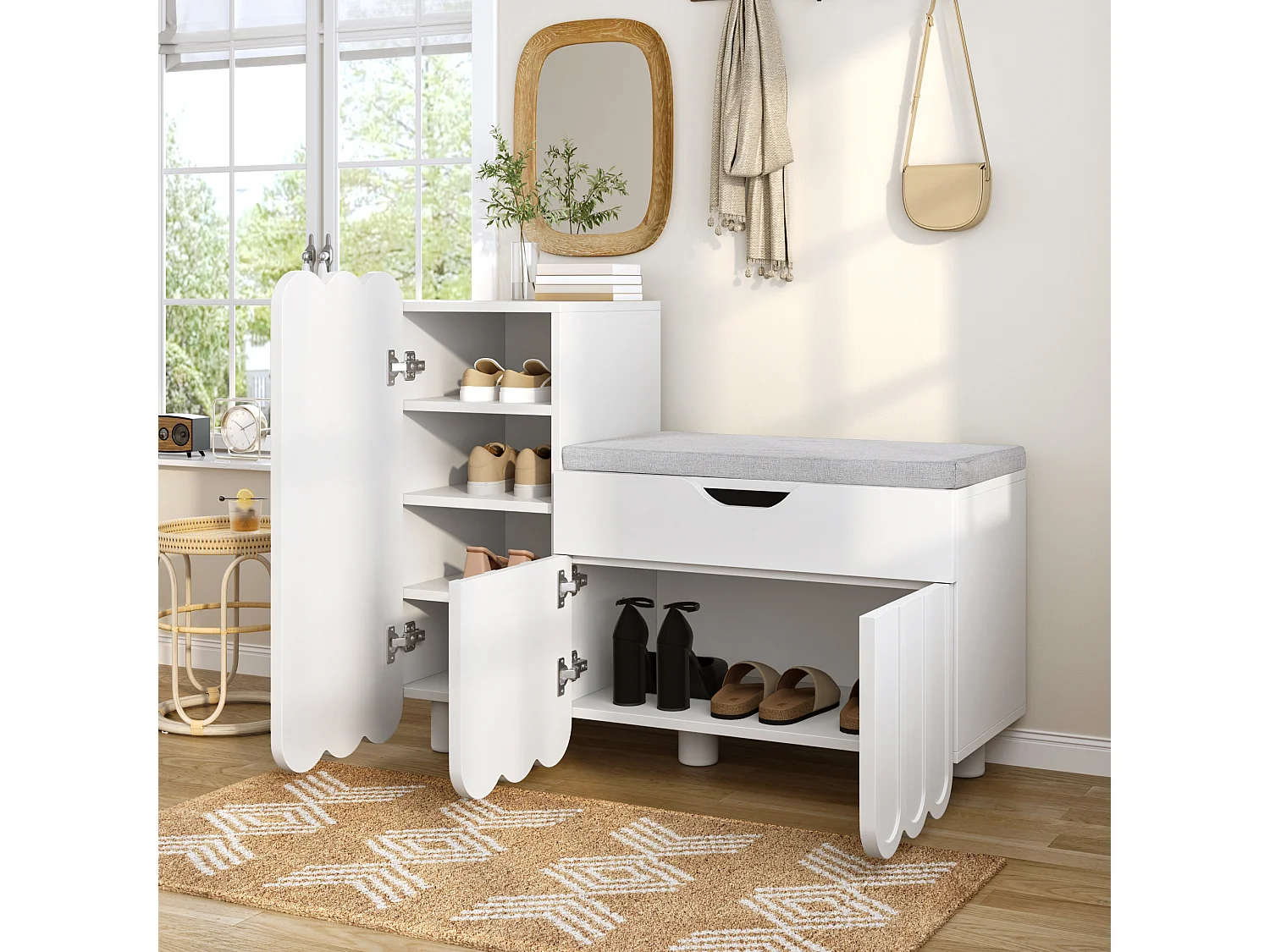 Meuble à chaussures moderne - 90 x 35 x 74.5 cm - avec 3 portes + 1 tiroir + coussin d'assise - MDF - blanc