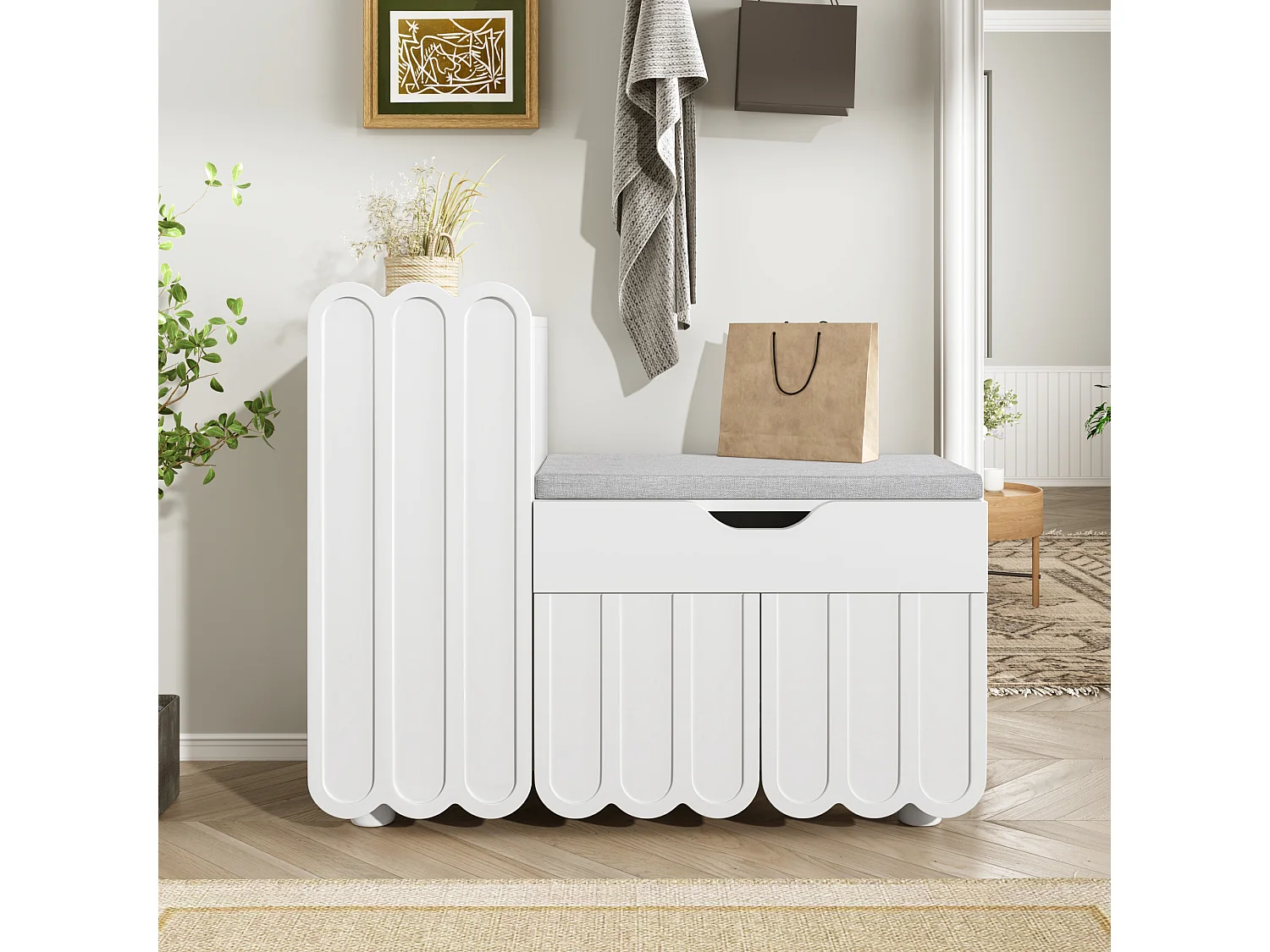 Meuble à chaussures moderne - 90 x 35 x 74.5 cm - avec 3 portes + 1 tiroir + coussin d'assise - MDF - blanc