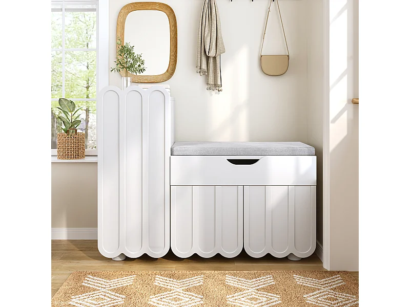 Meuble à chaussures moderne - 90 x 35 x 74.5 cm - avec 3 portes + 1 tiroir + coussin d'assise - MDF - blanc