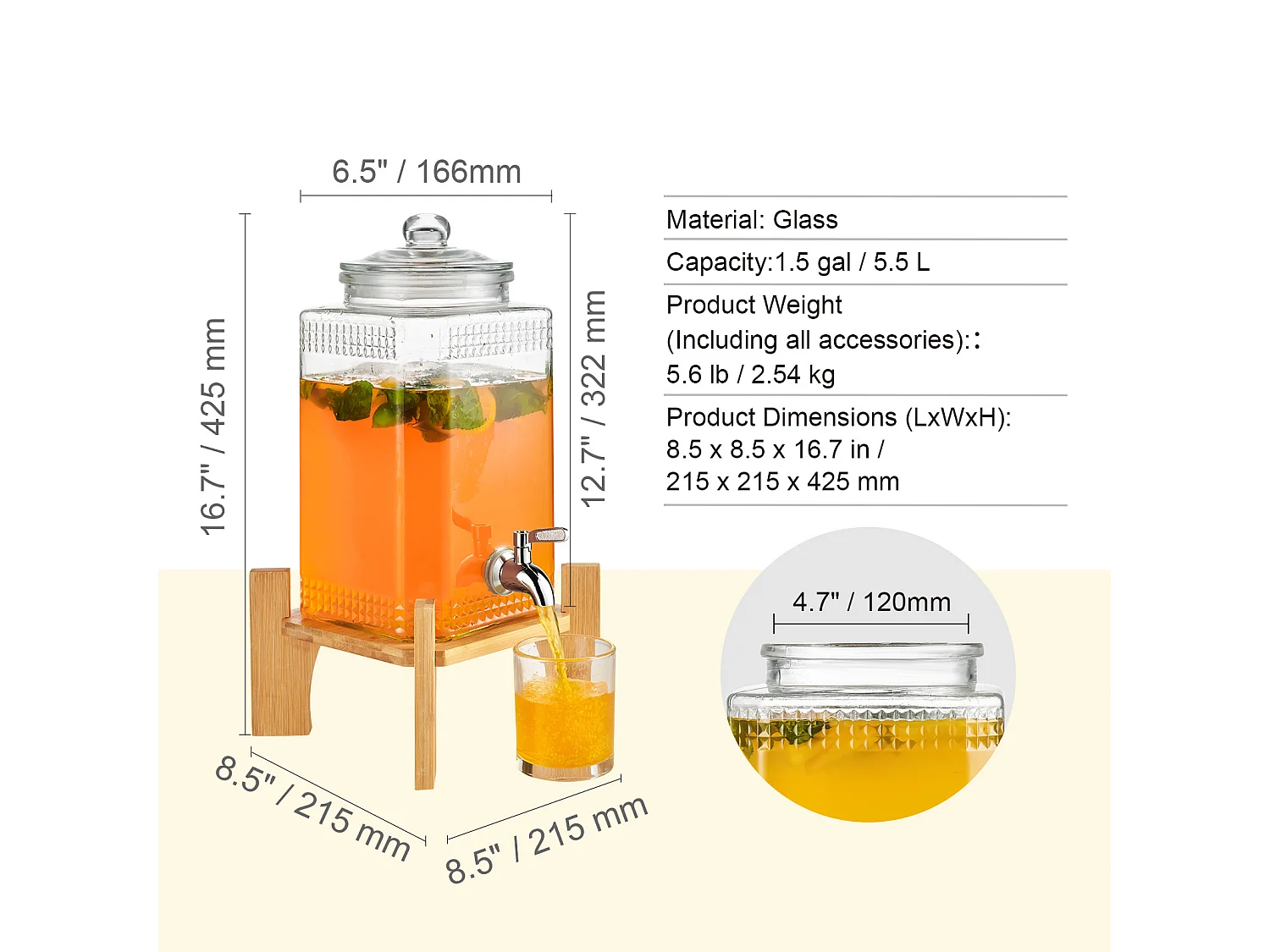 Distributeur de Boisson SucceBuy Distributeur de Boissons 5.5 L pour les Fêtes, en Verre avec Support