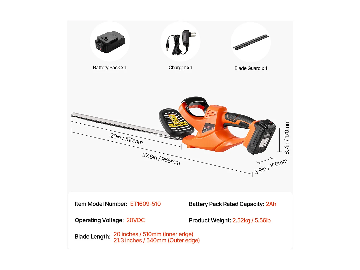 Elektrische Heggenschaar SucceBuy Draadloze Heggenschaar met 51 cm Dubbele Messen voor Nauwkeurig Snoeien