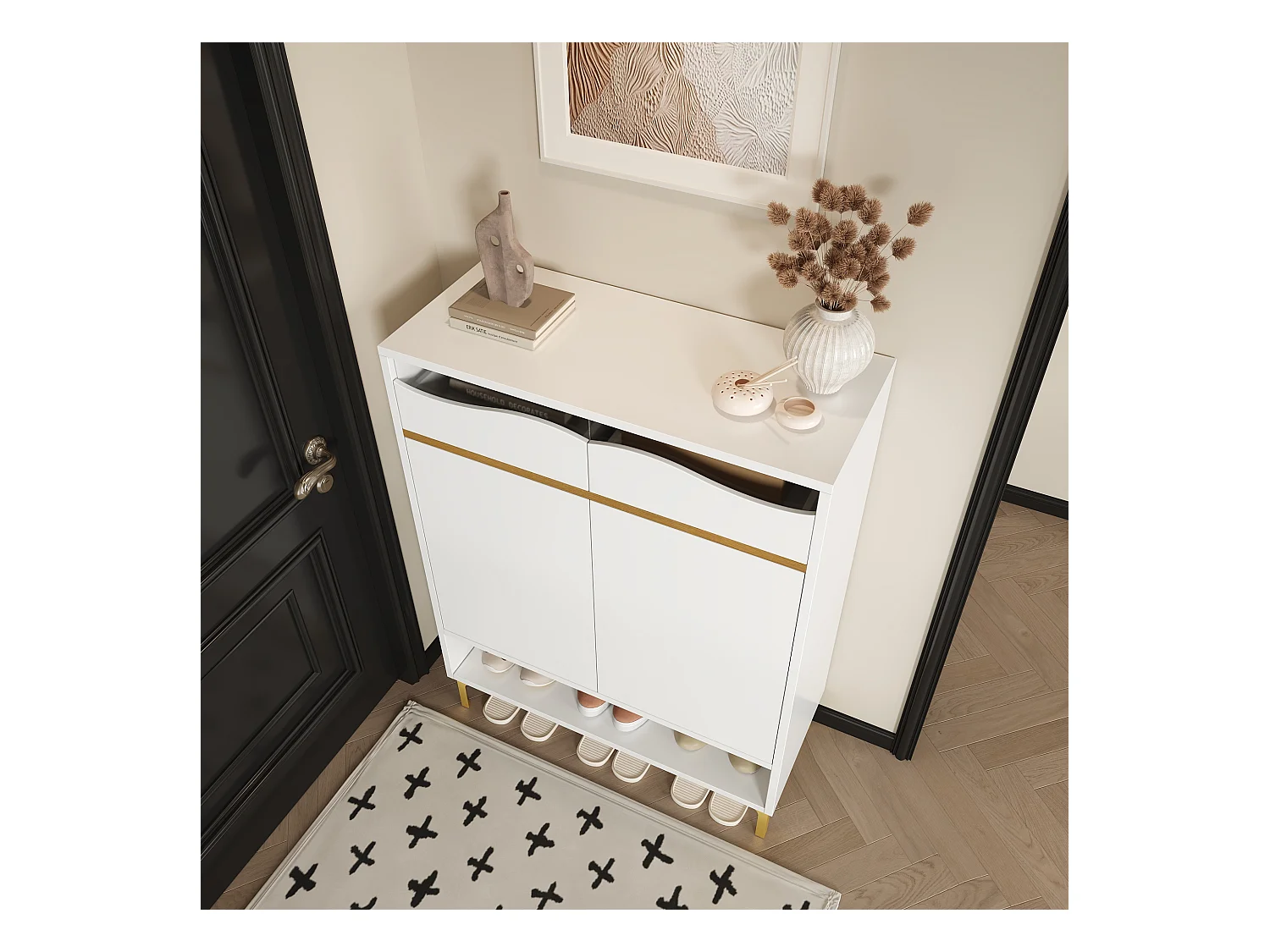 Meuble à chaussures moderne - 80 x 35 x 105 cm - avec Leds + 2 tiroirs + étagères - MDF + aggloméré - blanc