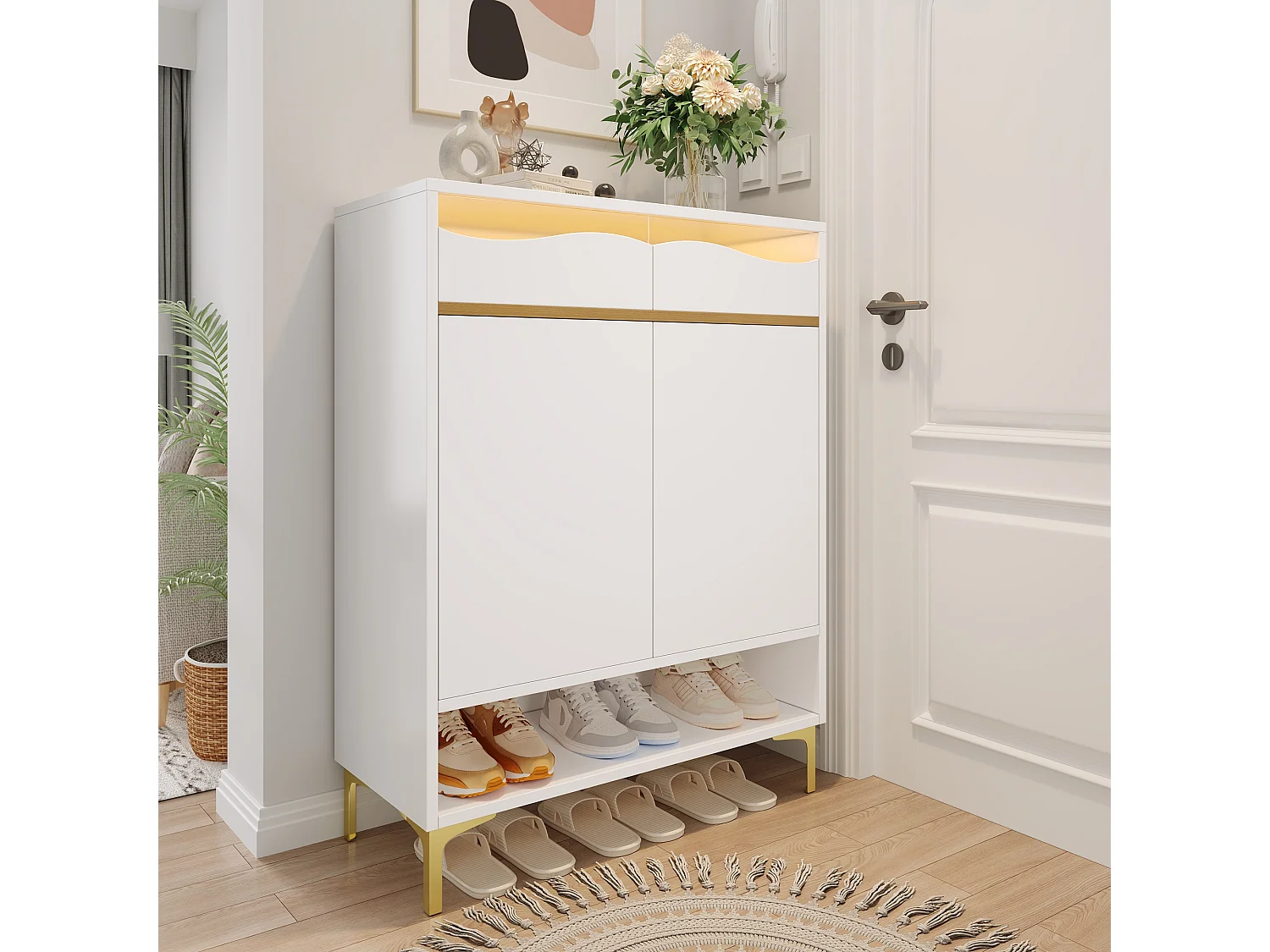 Meuble à chaussures moderne - 80 x 35 x 105 cm - avec Leds + 2 tiroirs + étagères - MDF + aggloméré - blanc