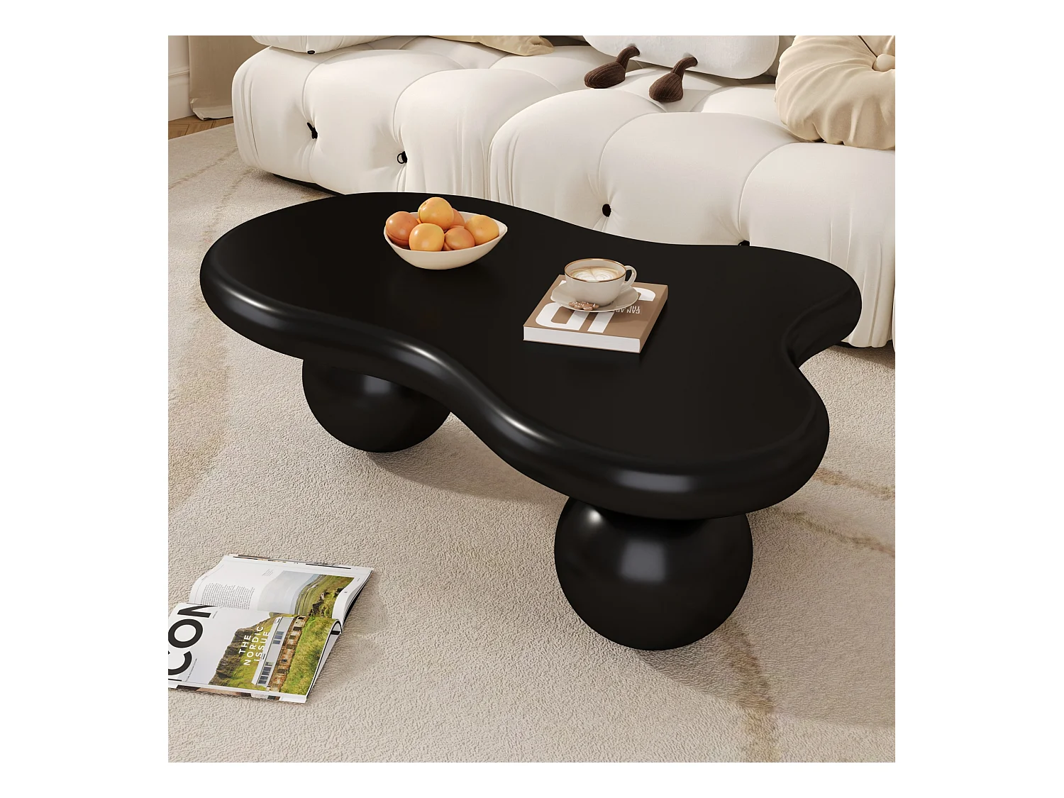 Table basse avec Leds - 95 x 62.5 x 32 cm - design en forme de nuage et pieds ronds - noir pur