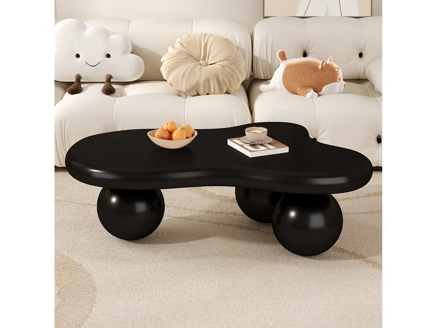 Couchtisch mit LEDs - 95 x 62,5 x 32 cm - wolkenförmiges Design und runde Beine - reines Schwarz