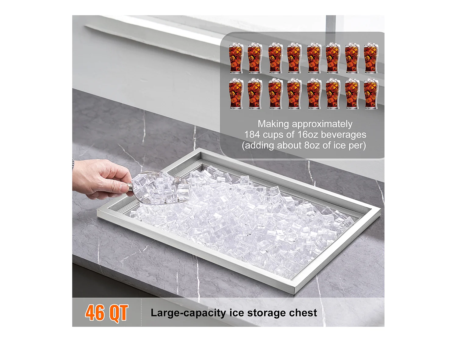 Coffre à Glace Encastrable SucceBuy, 56 x 43 x 30 cm, Glacière en Acier Inoxydable avec Couvercle, Bac à Glace