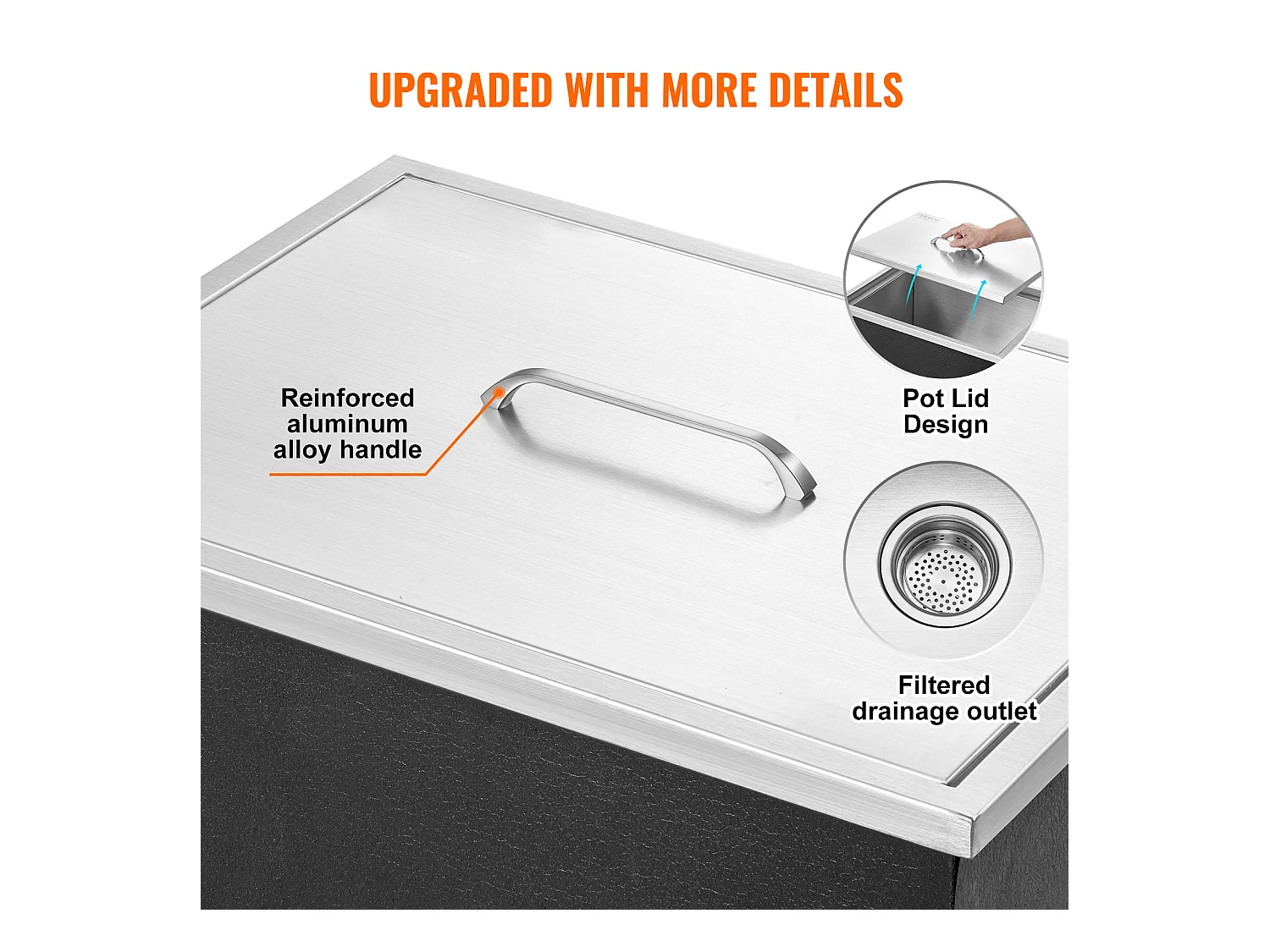 Coffre à Glace Encastrable SucceBuy, 56 x 43 x 30 cm, Glacière en Acier Inoxydable avec Couvercle, Bac à Glace