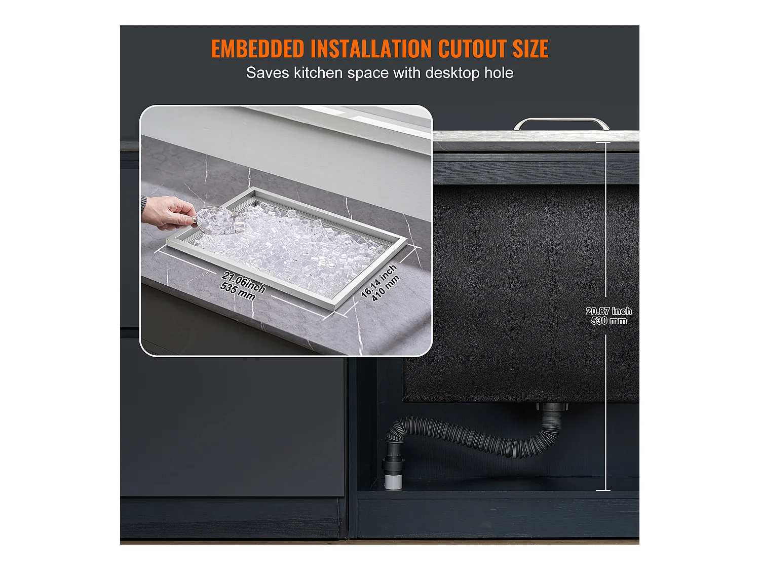 Coffre à Glace Encastrable SucceBuy, 56 x 43 x 30 cm, Glacière en Acier Inoxydable avec Couvercle, Bac à Glace