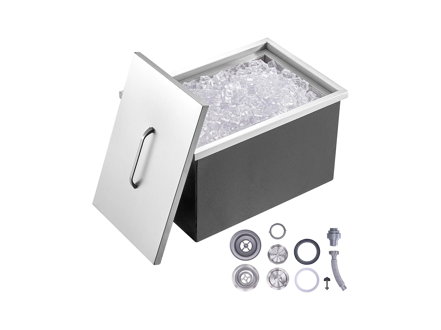 Coffre à Glace Encastrable SucceBuy, 56 x 43 x 30 cm, Glacière en Acier Inoxydable avec Couvercle, Bac à Glace