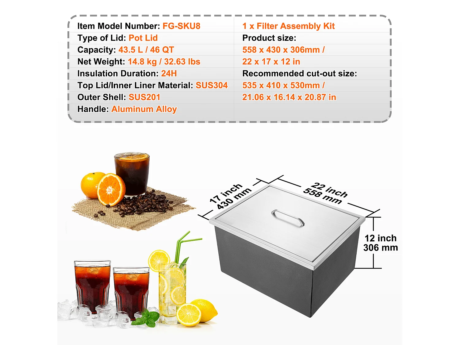 Coffre à Glace Encastrable SucceBuy, 56 x 43 x 30 cm, Glacière en Acier Inoxydable avec Couvercle, Bac à Glace
