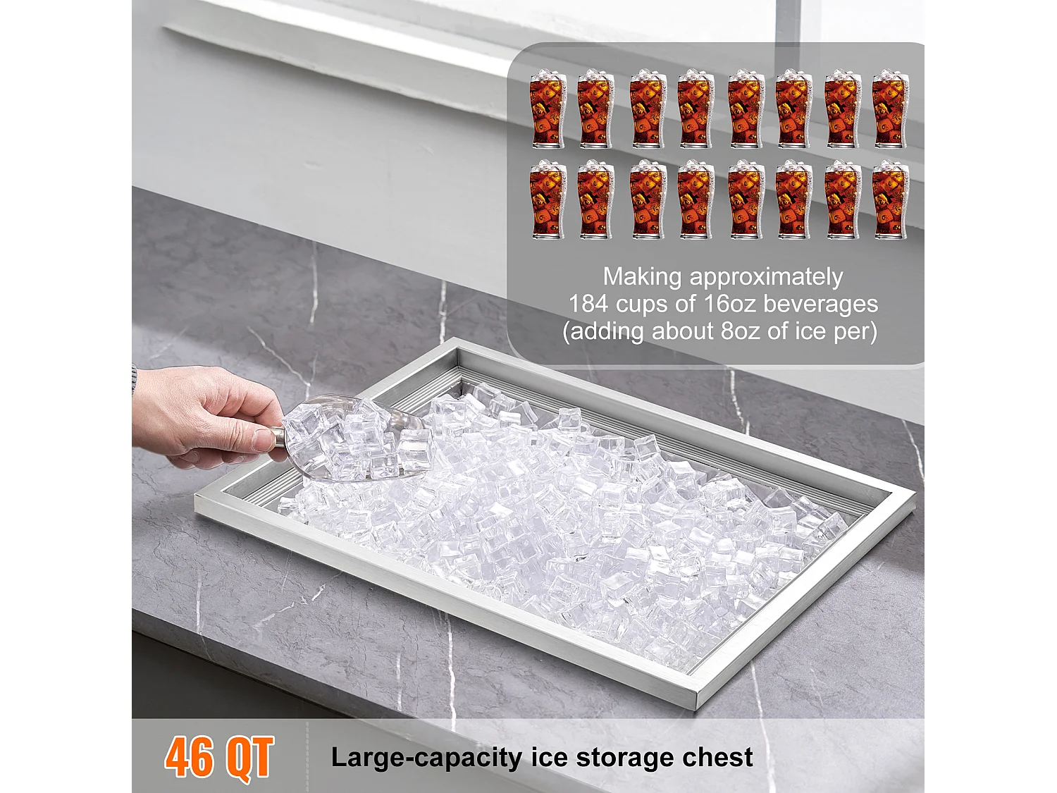 Coffre à Glace Encastrable SucceBuy, 56 x 43 x 30 cm, Glacière en Acier Inoxydable avec Couvercle, Bac à Glace
