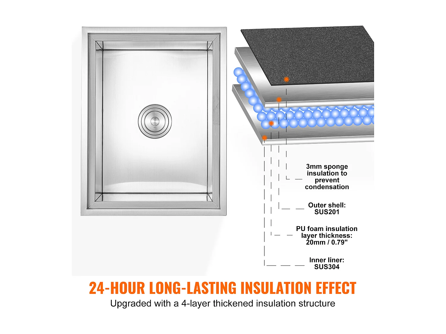 Coffre à Glace Encastrable SucceBuy, 56 x 43 x 30 cm, Glacière en Acier Inoxydable avec Couvercle, Bac à Glace