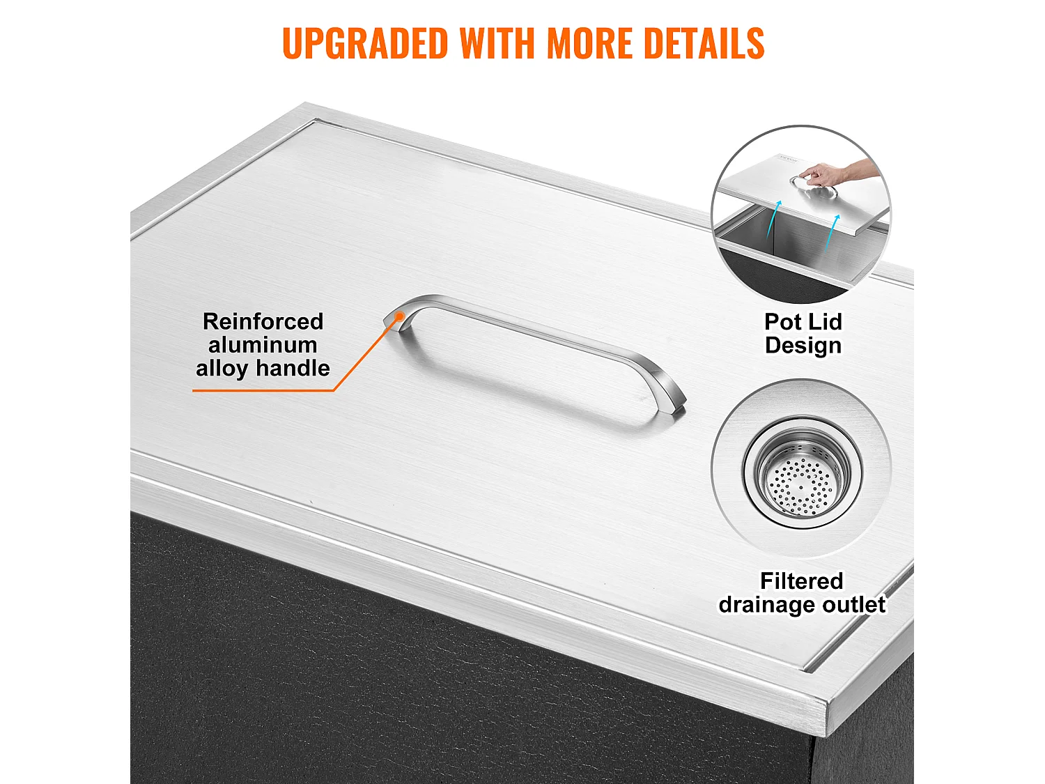 Coffre à Glace Encastrable SucceBuy, 56 x 43 x 30 cm, Glacière en Acier Inoxydable avec Couvercle, Bac à Glace