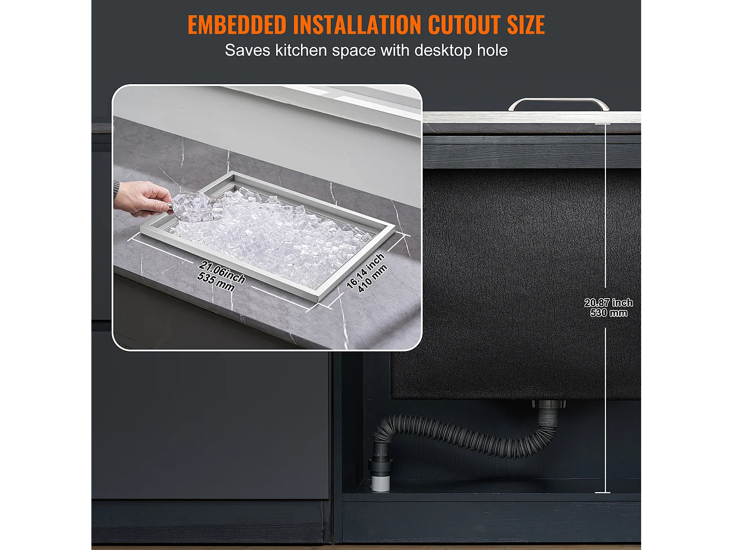 Coffre à Glace Encastrable SucceBuy, 56 x 43 x 30 cm, Glacière en Acier Inoxydable avec Couvercle, Bac à Glace