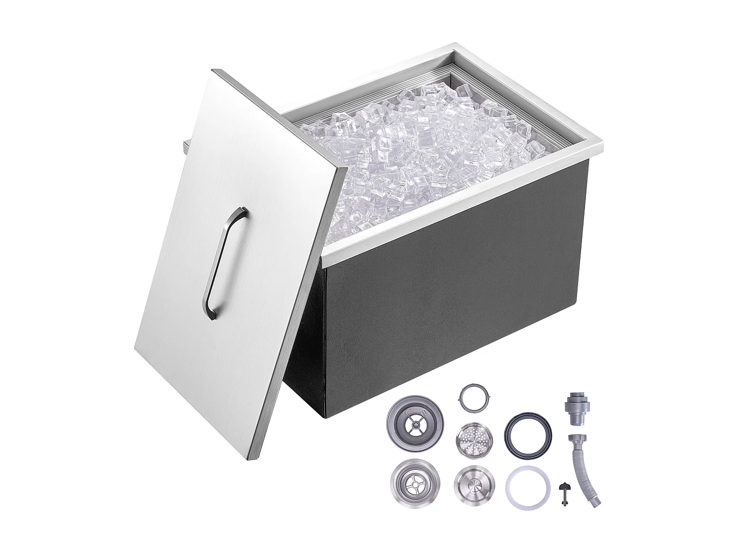 Coffre à Glace Encastrable SucceBuy, 56 x 43 x 30 cm, Glacière en Acier Inoxydable avec Couvercle, Bac à Glace