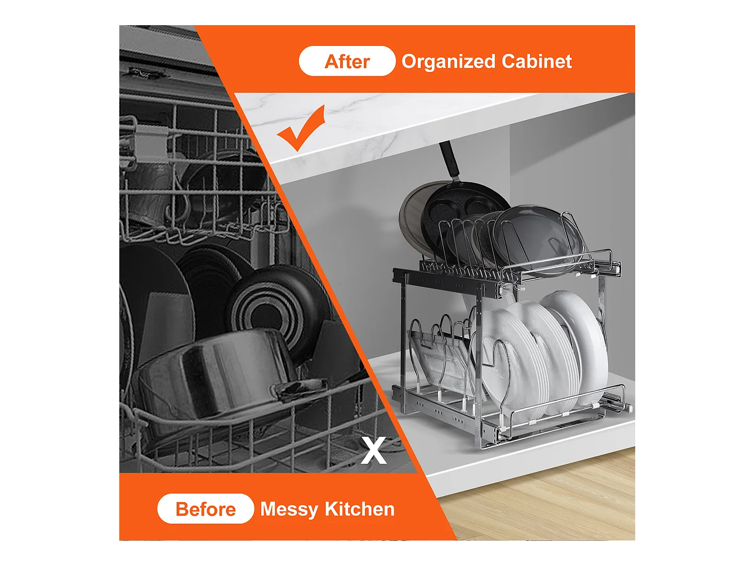 Support de Rangement SucceBuy pour Casseroles et Poêles, Support de Couvercle Extensible à 2 Niveaux Aous l'Armoire, 30 cm de Largeur