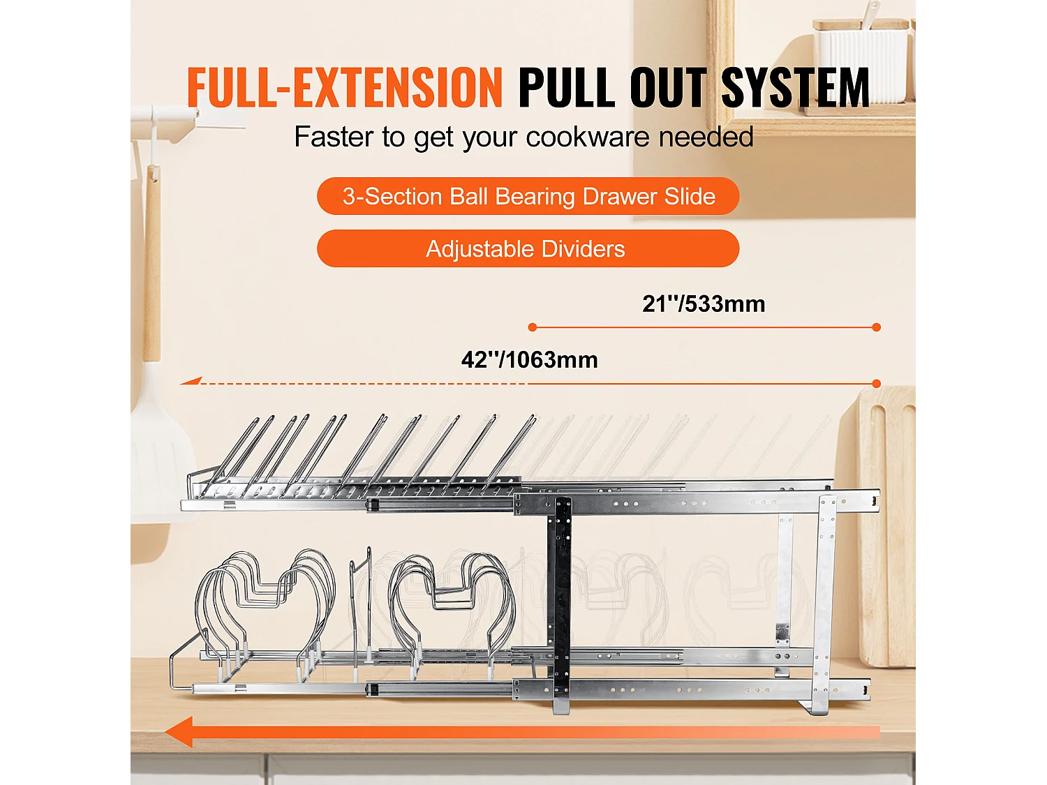 Support de Rangement SucceBuy pour Casseroles et Poêles, Support de Couvercle Extensible à 2 Niveaux Aous l'Armoire, 30 cm de Largeur