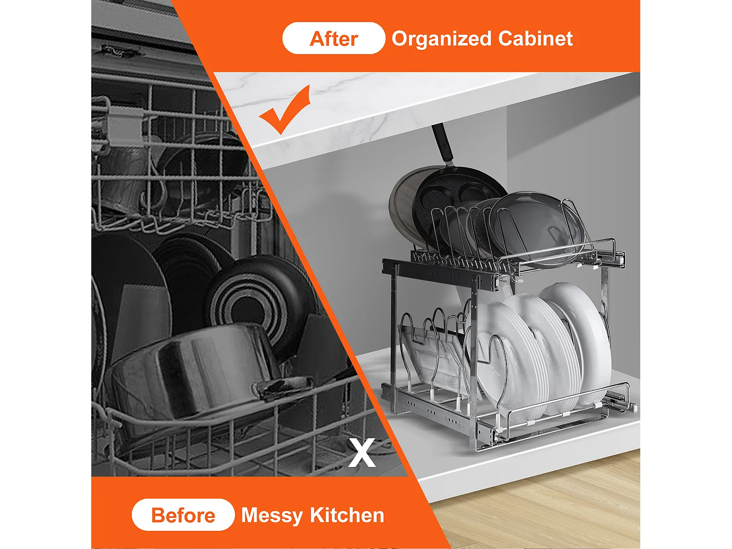 Supporto per Riordino SucceBuy per Pentole e Padelle, Supporto per Coperchietti Estensibile a 2 Livelli per Armadio, Larghezza 30 cm