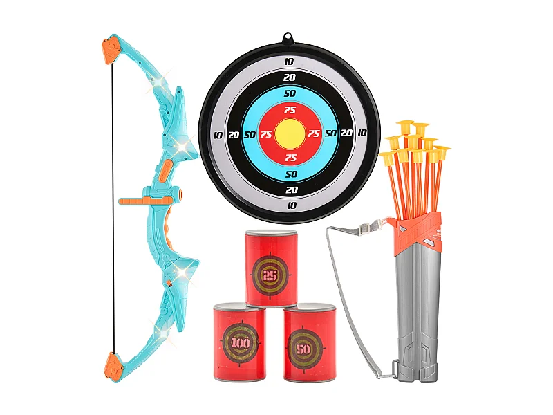 Bogen- und Pfeilset SucceBuy für Kinder, 10 Saugnapfpfeile, Hängende Zielscheibe, Köcher, 3 Zielscheiben-Dosen, LED-beleuchtet für den Außenbereich