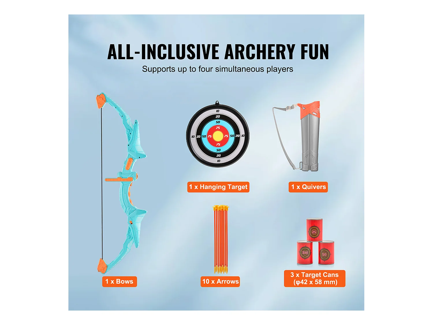 Ensemble Arc et Flèches SucceBuy pour Enfants, 10 Flèches à Ventouse, Cible Suspendue, Carquois, 3 Canettes de Cible, en Plein air Lumineux à LED