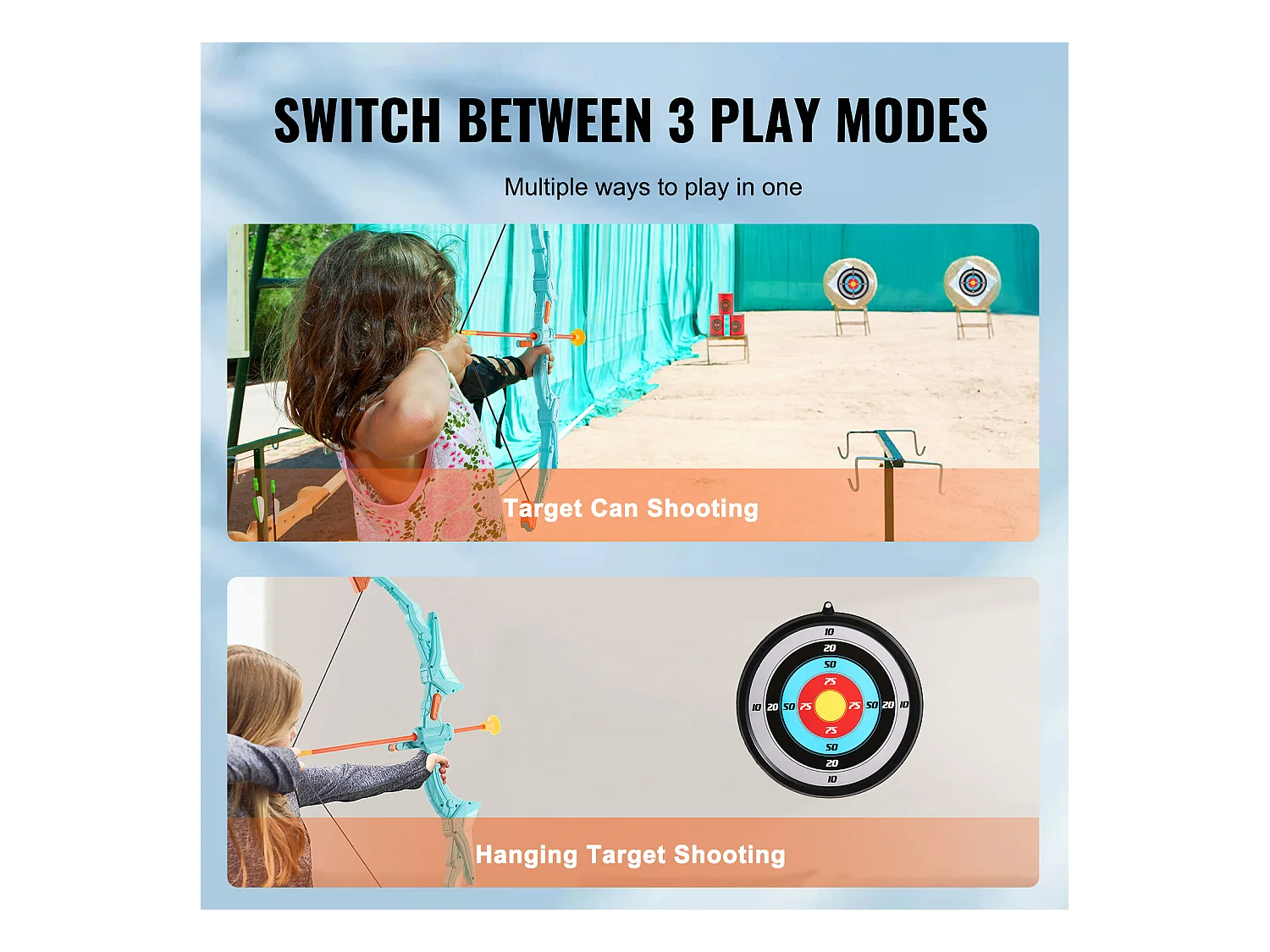 Ensemble Arc et Flèches SucceBuy pour Enfants, 10 Flèches à Ventouse, Cible Suspendue, Carquois, 3 Canettes de Cible, en Plein air Lumineux à LED