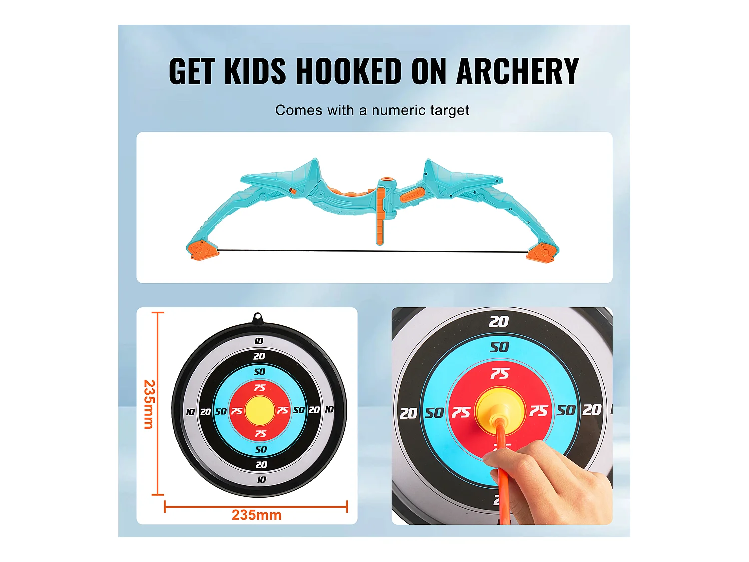 Ensemble Arc et Flèches SucceBuy pour Enfants, 10 Flèches à Ventouse, Cible Suspendue, Carquois, 3 Canettes de Cible, en Plein air Lumineux à LED