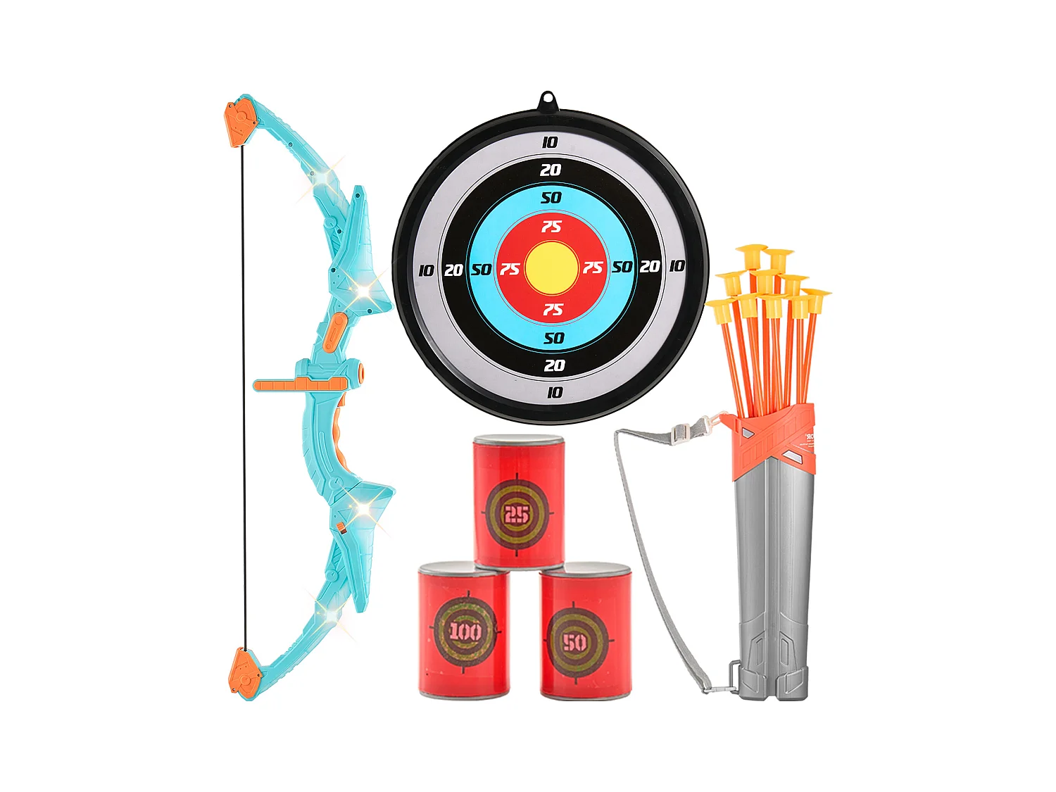 Ensemble Arc et Flèches SucceBuy pour Enfants, 10 Flèches à Ventouse, Cible Suspendue, Carquois, 3 Canettes de Cible, en Plein air Lumineux à LED