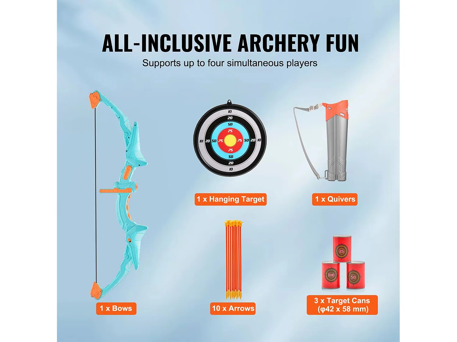 Ensemble Arc et Flèches SucceBuy pour Enfants, 10 Flèches à Ventouse, Cible Suspendue, Carquois, 3 Canettes de Cible, en Plein air Lumineux à LED